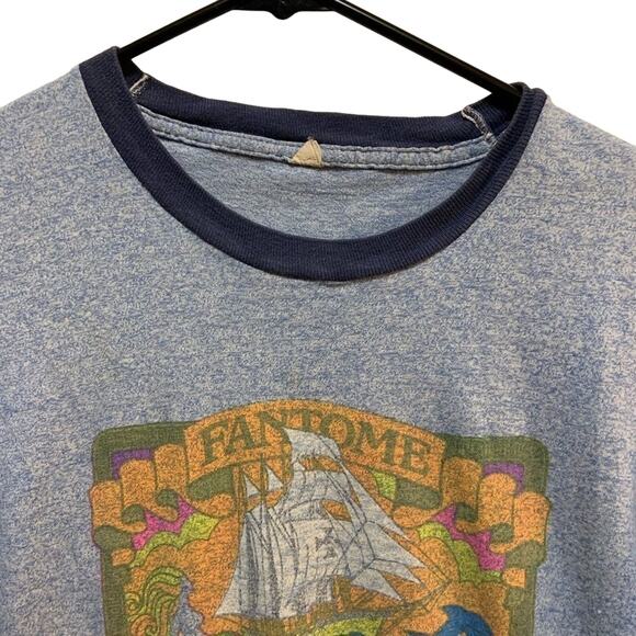 Vintage 70s 80s tee t-shirt single stitch ringer blue sailing boat nautical sz L - Picture 4 of 9